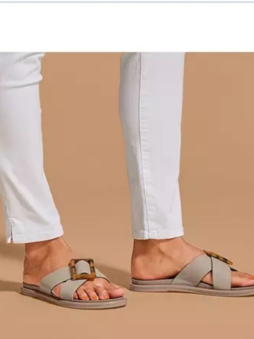 OluKai Women's Light Gray Cross-Strap Slide Sandals with Brown Buckle